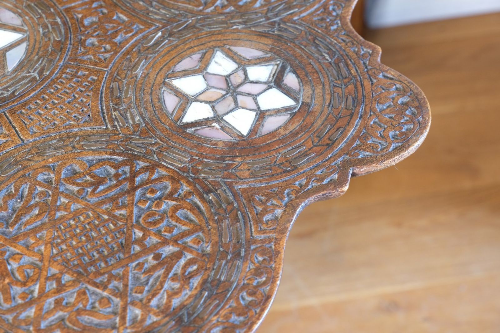 Carved Hardwood Mother Of Pearl Inlaid Occasional Table photo vinterior