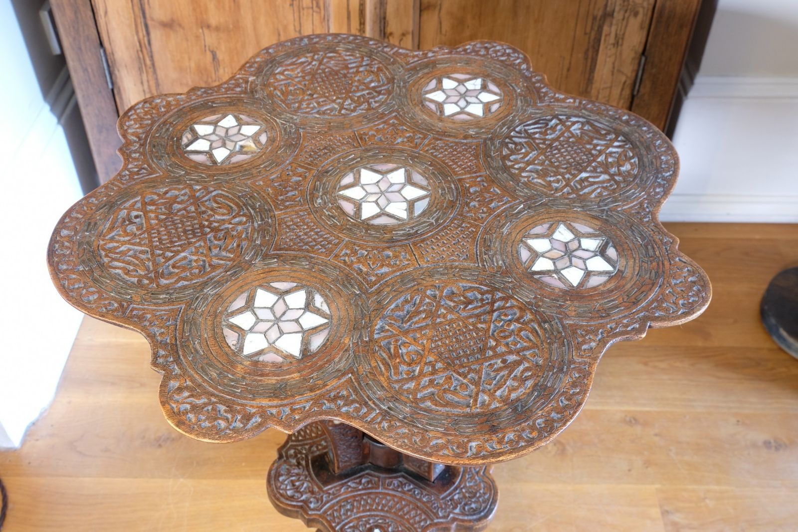 Carved Hardwood Mother Of Pearl Inlaid Occasional Table photo vintage