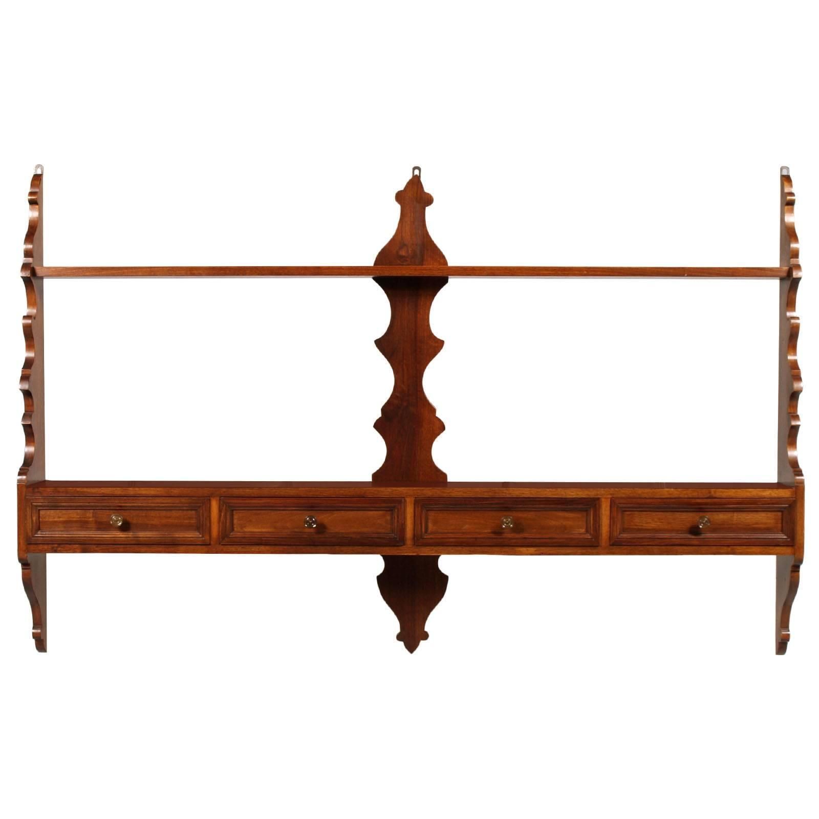 Mid Century Modern Italian Hanging Plate Rack Shelf In Walnut With Four Drawers