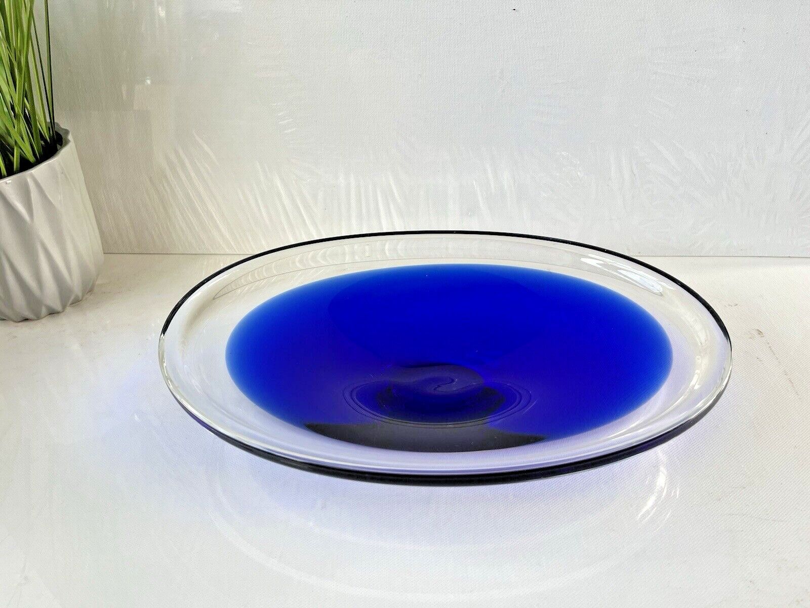 Swedish Mid Century Modern Flygsfors Blue Freeform Art Glass Bowl   Paul Kedelv photo furniture