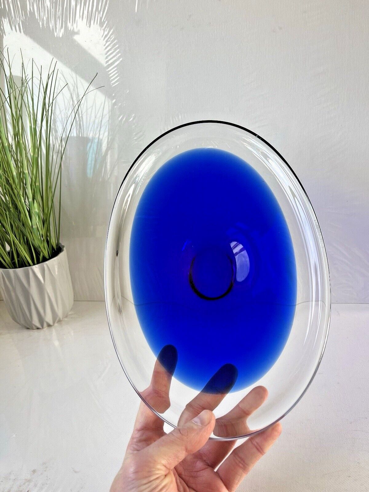 Swedish Mid Century Modern Flygsfors Blue Freeform Art Glass Bowl   Paul Kedelv photo buy