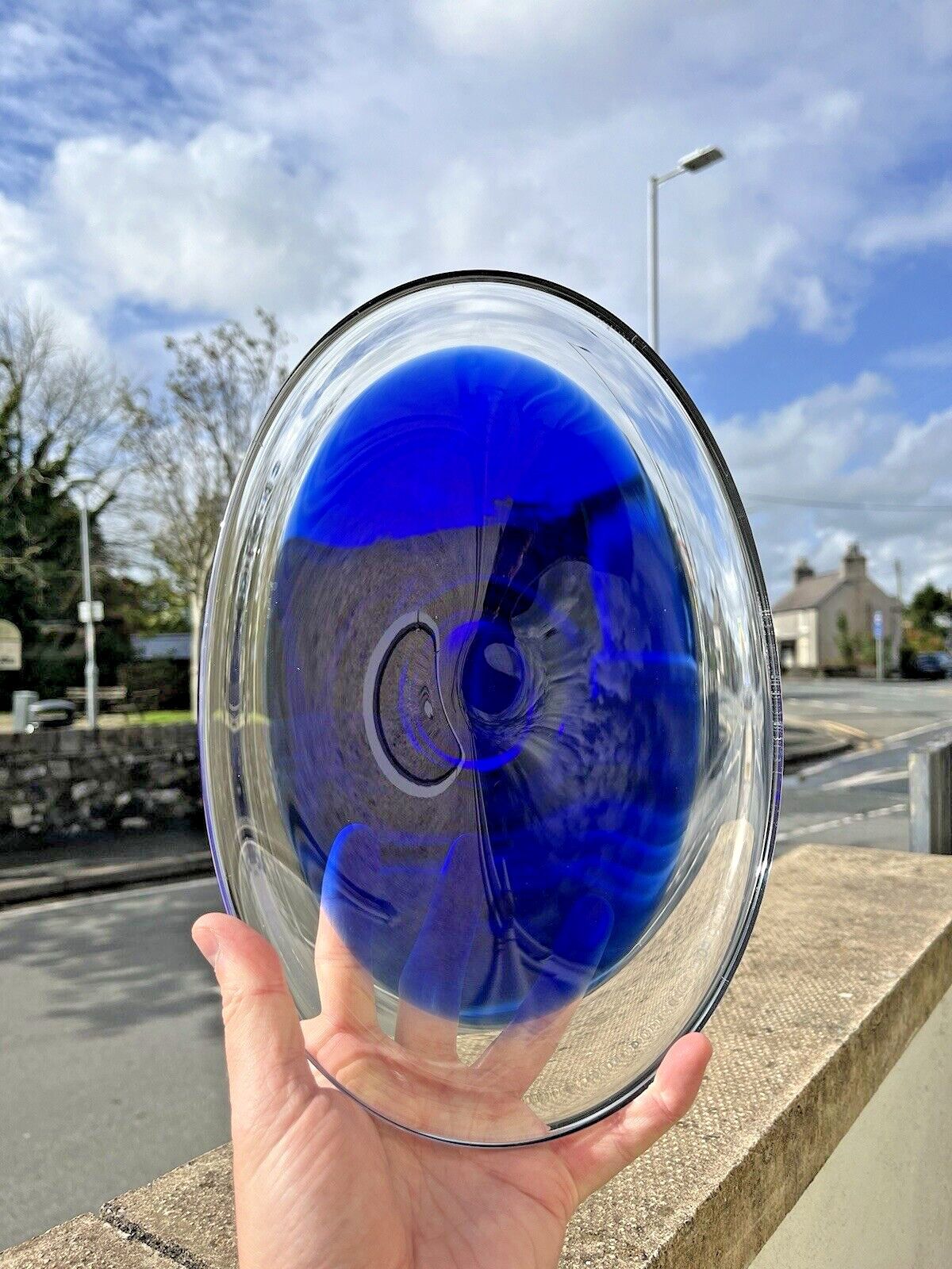 70.0 Swedish Mid Century Modern Flygsfors Blue Freeform Art Glass Bowl   Paul Kedelv photo