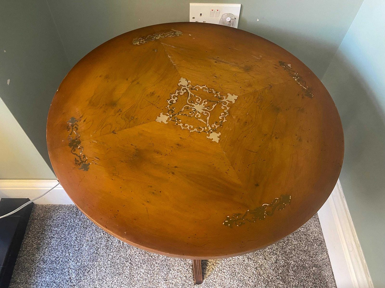 Antique Side Table / Wine Table With Brass Inlay Top / Plant Stand / Pot Stand / Pedestal Table photo vintage
