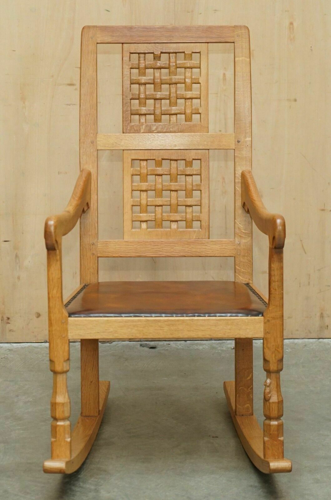 Vintage Robert Mouseman Thompson Rocking Armchair Hand Dyed Brown Leather Seat photo for sale