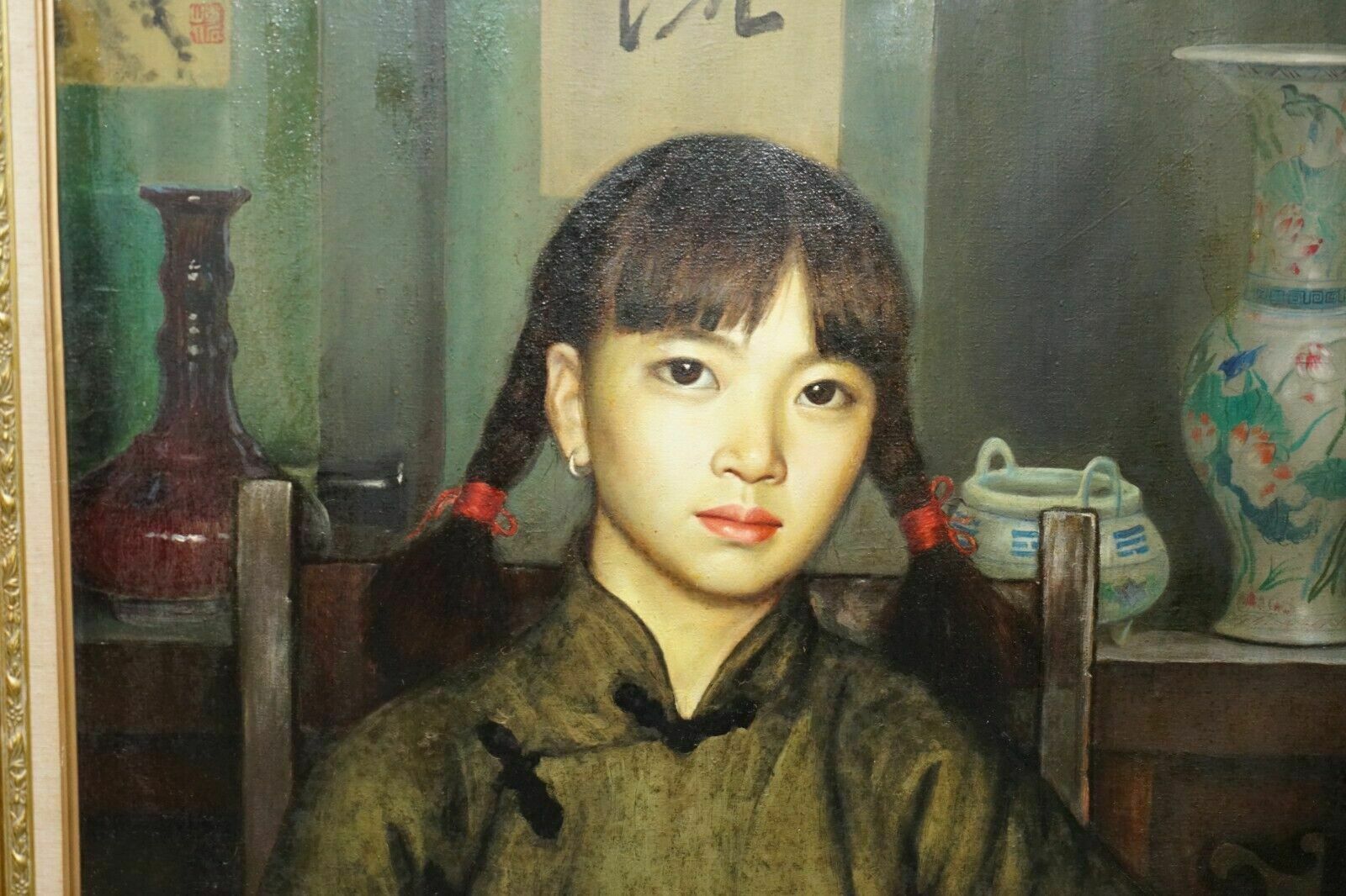 Zhang Yizhi Large 100 X 80cm Oil On Canvas Painted Portrait Of A Seated Lady photo furniture