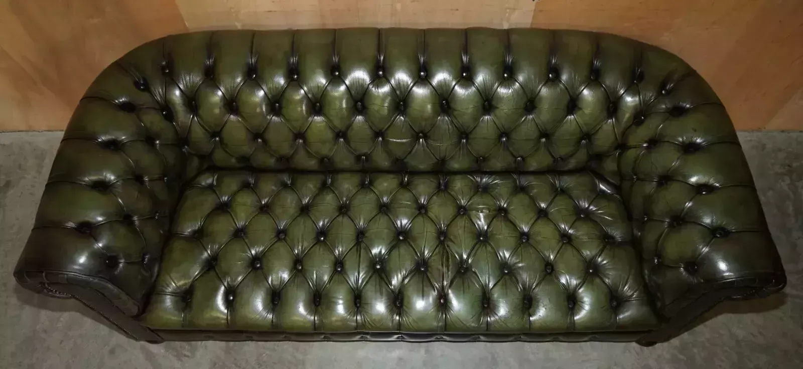 photo furniture Vintage Restored Regency Green Leather Circa 1950's Chesterfield Tufted Sofa