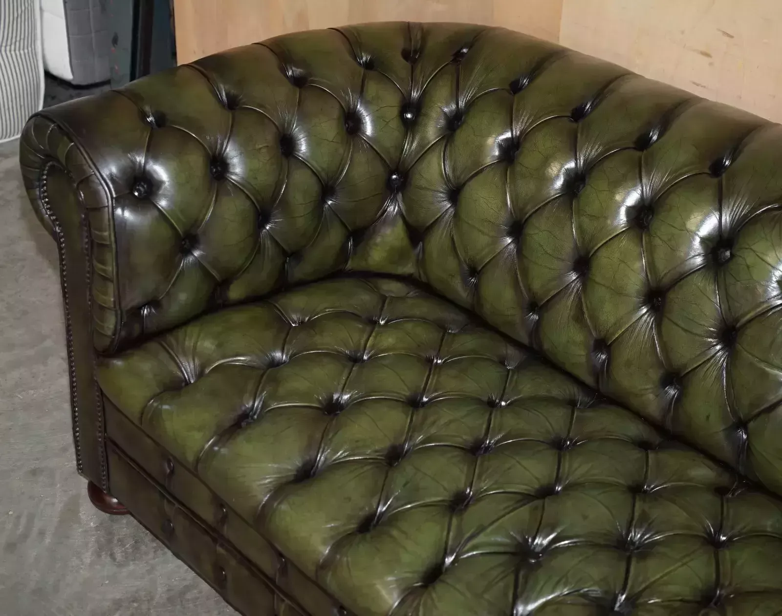 photo for sale Vintage Restored Regency Green Leather Circa 1950's Chesterfield Tufted Sofa