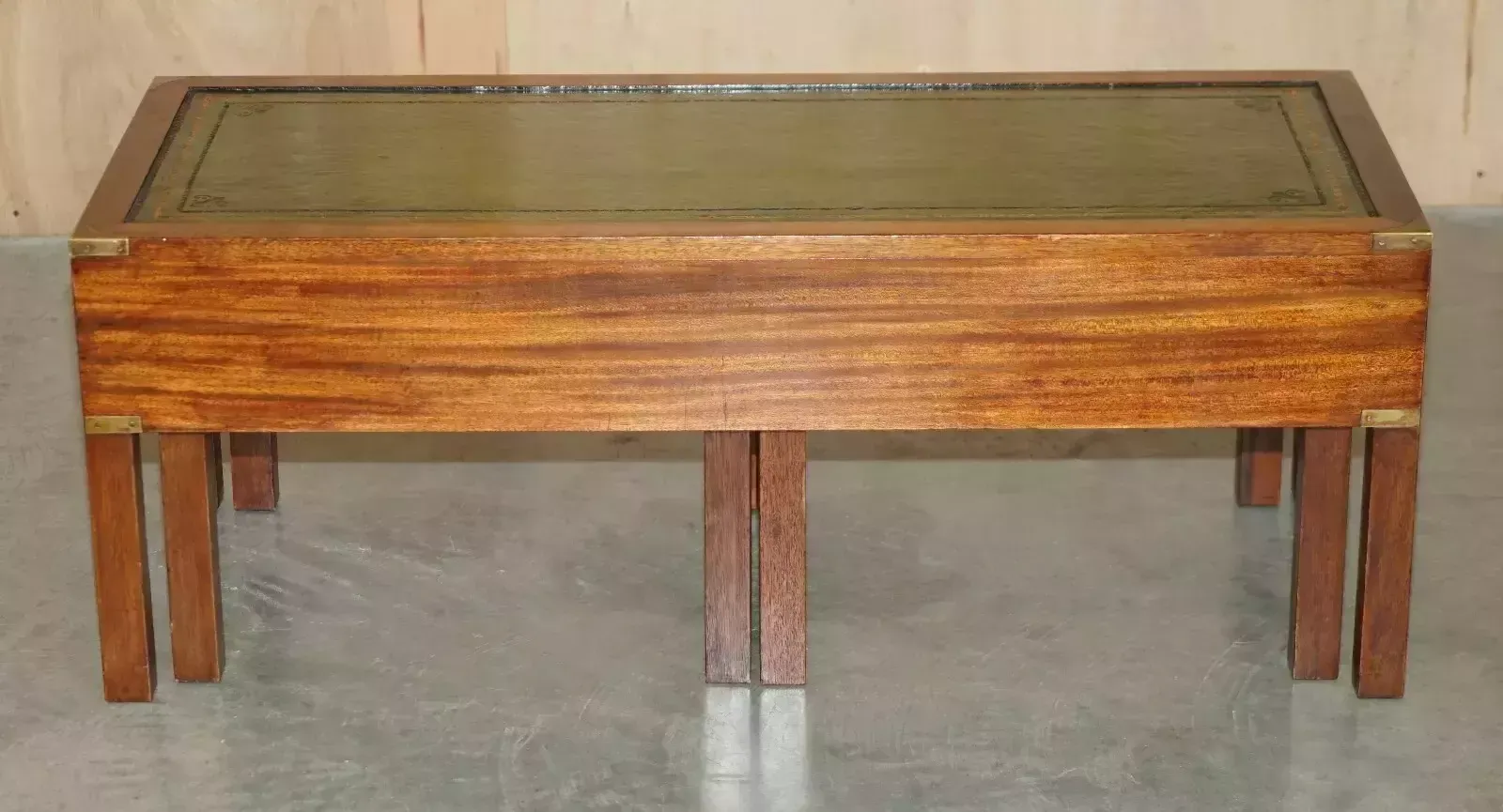 photo vinterior Vintage Over Restored Green Leather Military Campaign Nest Of Coffee Side Tables