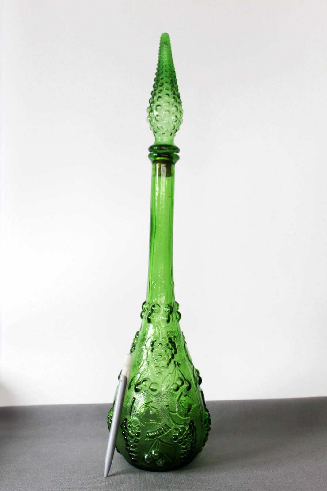 Tall Vintage Empoli Glass Decanter, Grape Cherry Design Emerald Green, 54 Centimeters, Italy Italian Genie Bottle, Bottle Carafe, Mcm Retro photo furniture