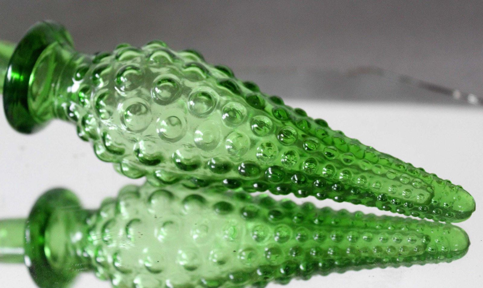 Tall Vintage Empoli Glass Decanter, Grape Cherry Design Emerald Green, 54 Centimeters, Italy Italian Genie Bottle, Bottle Carafe, Mcm Retro photo vinterior