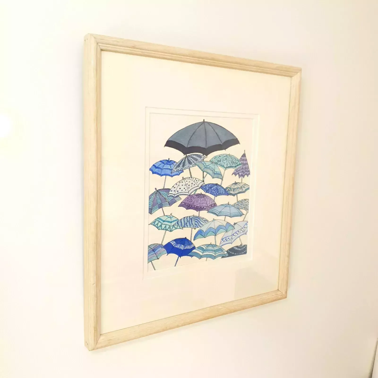 Original Watercolor "Blue Wet Day" By A.M. Allen – Umbrella Artwork, 2007, Frame photo furniture