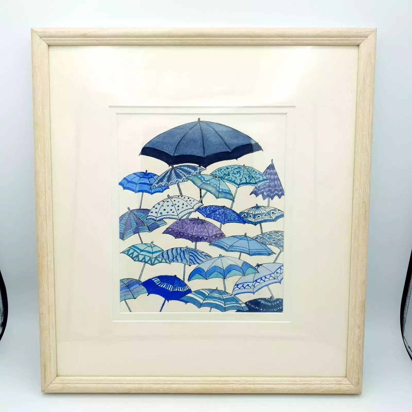 Original Watercolor "Blue Wet Day" By A.M. Allen – Umbrella Artwork, 2007, Frame photo for sale