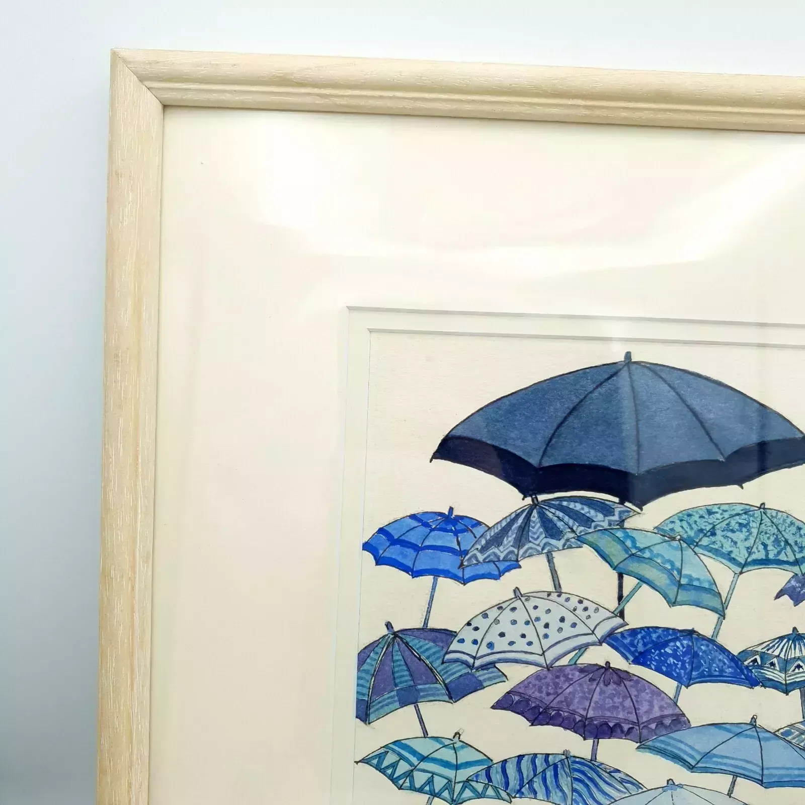 Original Watercolor "Blue Wet Day" By A.M. Allen – Umbrella Artwork, 2007, Frame photo Art