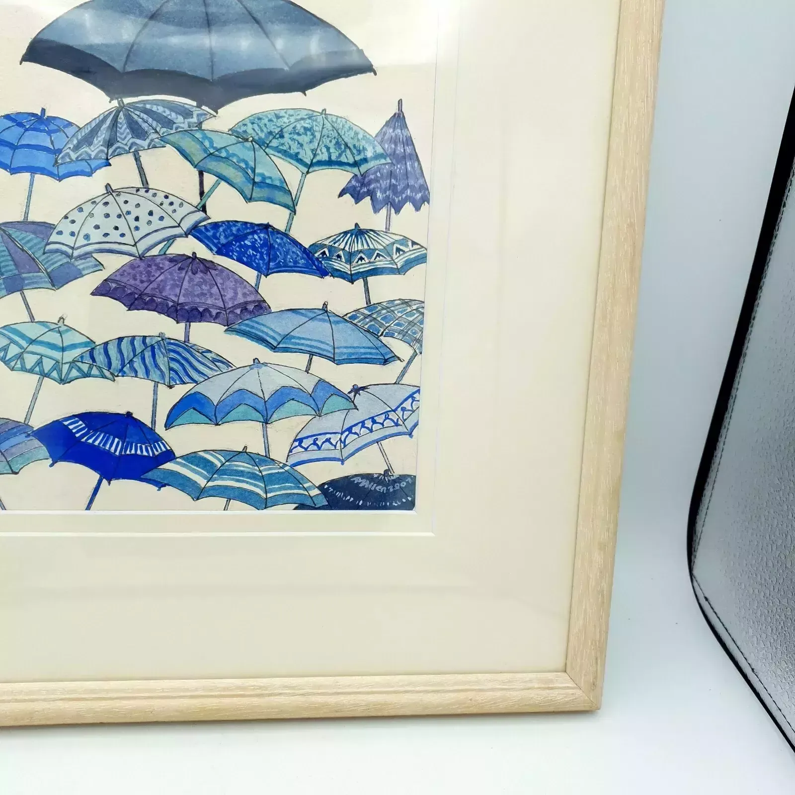 Original Watercolor "Blue Wet Day" By A.M. Allen – Umbrella Artwork, 2007, Frame photo buy