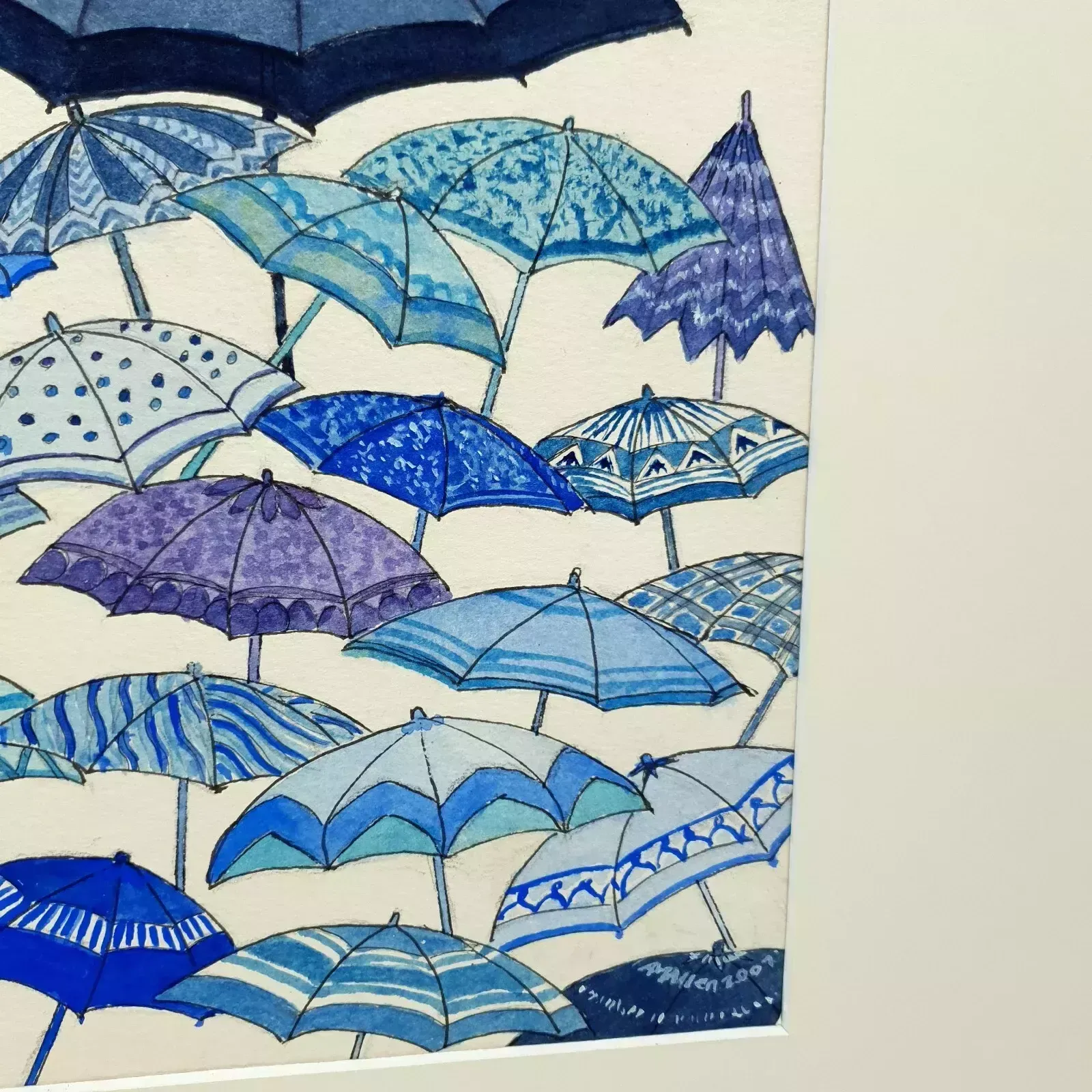 photo vinterior Original Watercolor "Blue Wet Day" By A.M. Allen – Umbrella Artwork, 2007, Frame
