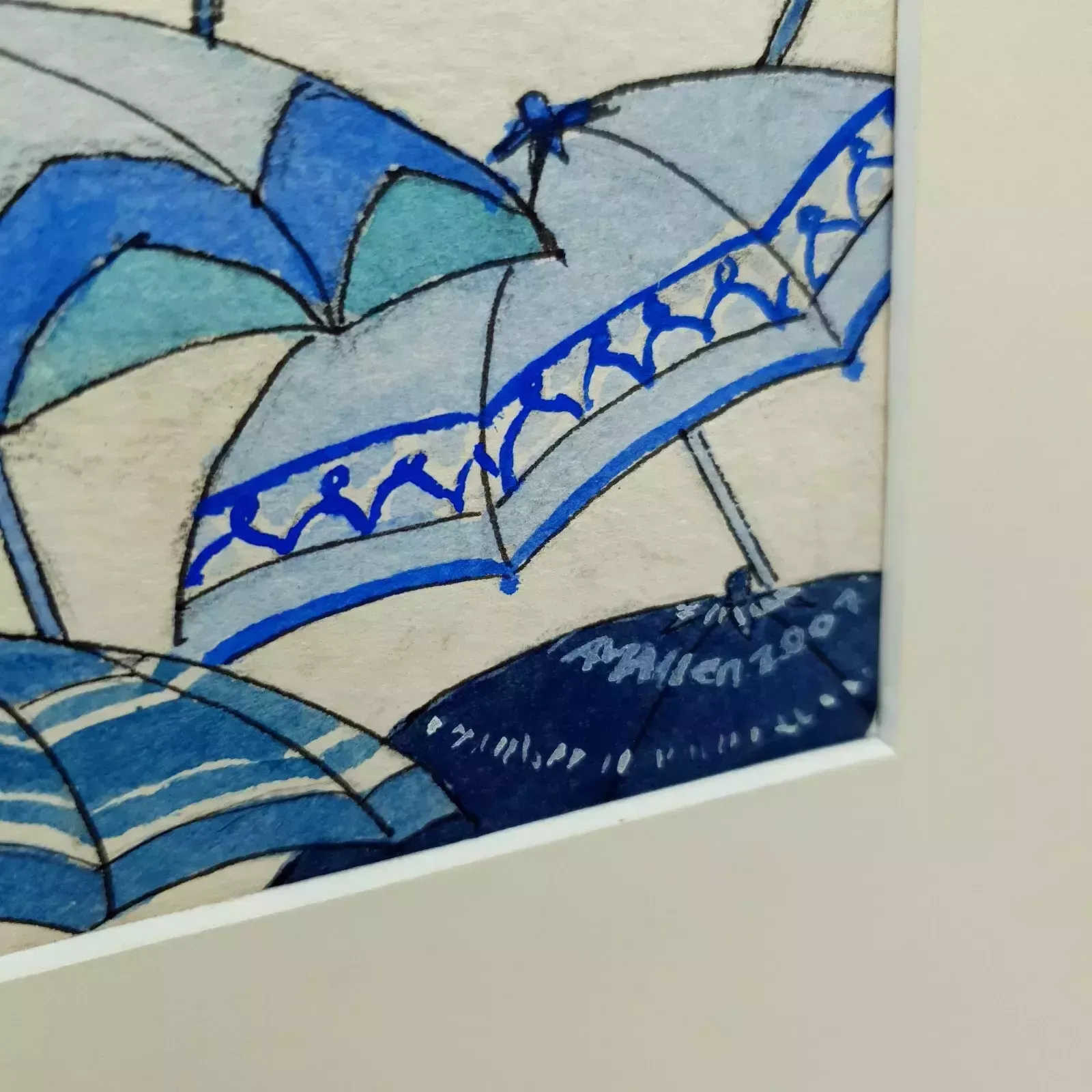 photo buy Original Watercolor "Blue Wet Day" By A.M. Allen – Umbrella Artwork, 2007, Frame