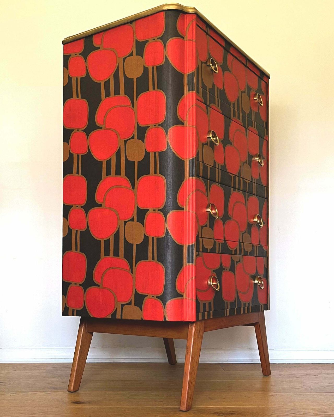 Vtg Mid Century Chest Of Drawers Tallboy With Original 1960s Fabric