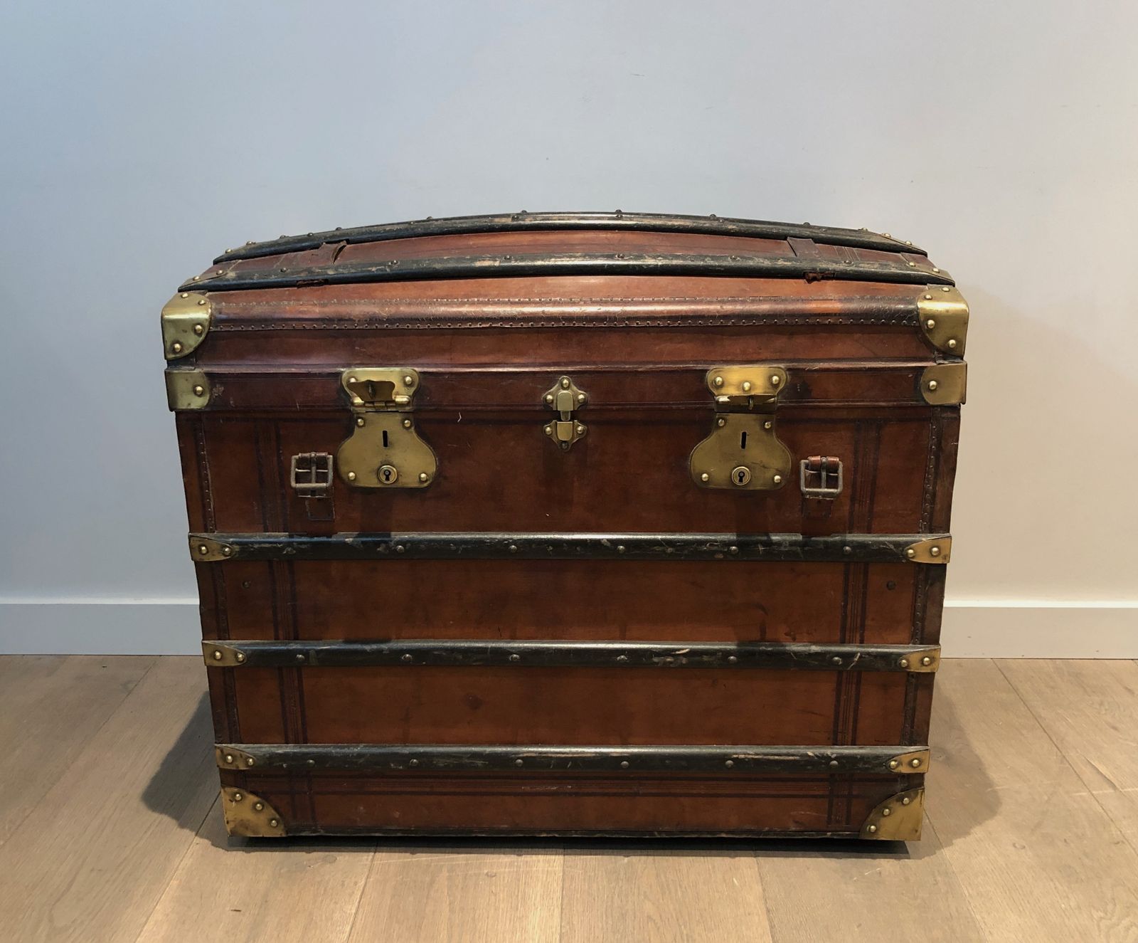 Domed Travel Trunk In Leather, Wood And Brass