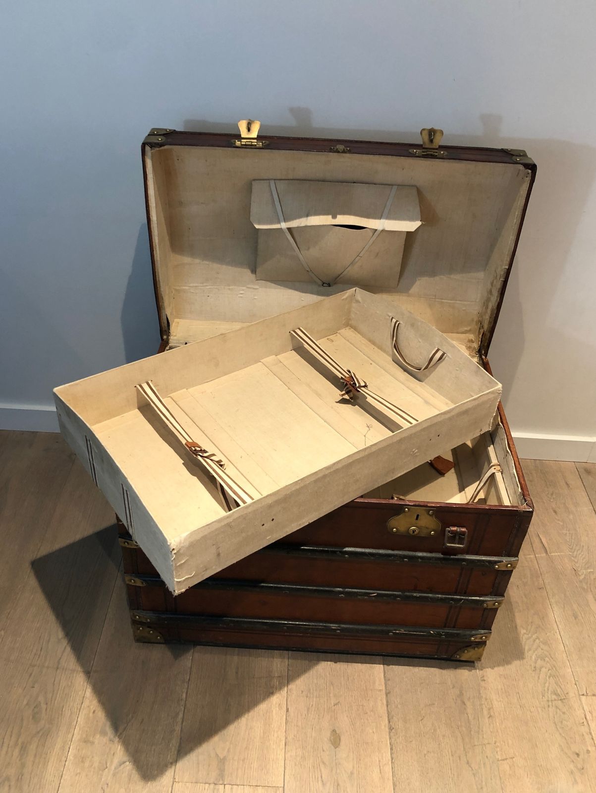 Furniture Domed Travel Trunk In Leather, Wood And Brass photo