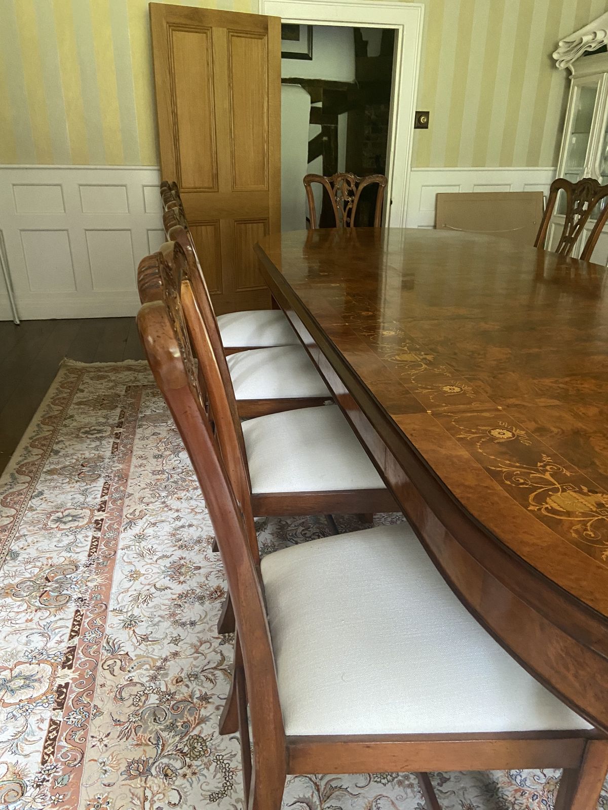 10 Seater Vintage Marquetry Burr Walnut Dinning Table And Chairs photo for sale