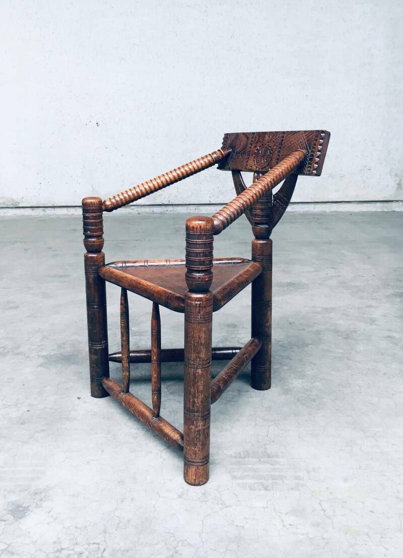 Brutalist Carved Oak Tripod Monk Chair, Sweden 1930's photo vinterior
