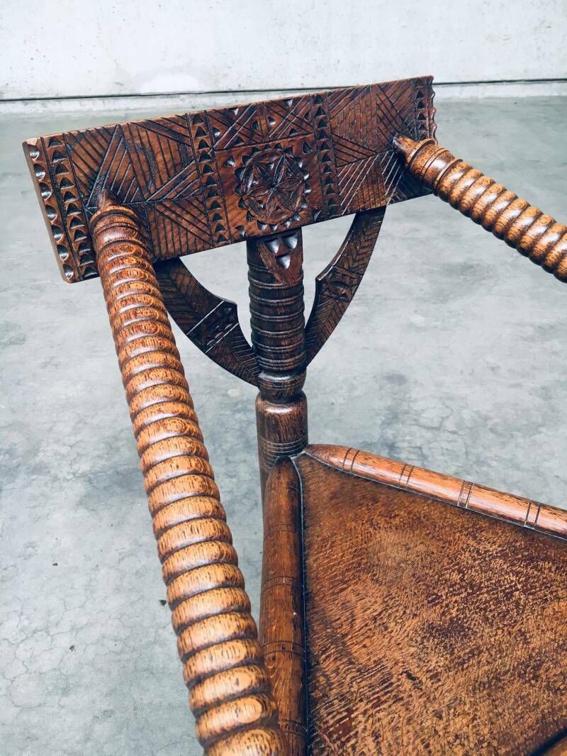 photo for sale Brutalist Carved Oak Tripod Monk Chair, Sweden 1930's