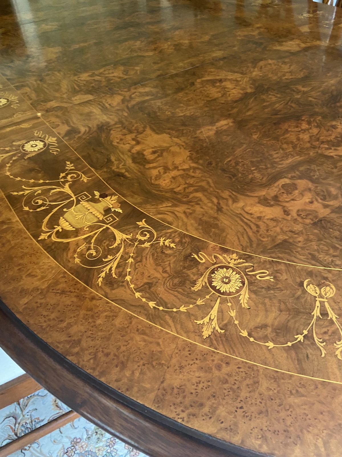 10 Seater Vintage Marquetry Burr Walnut Dinning Table And Chairs photo vinterior