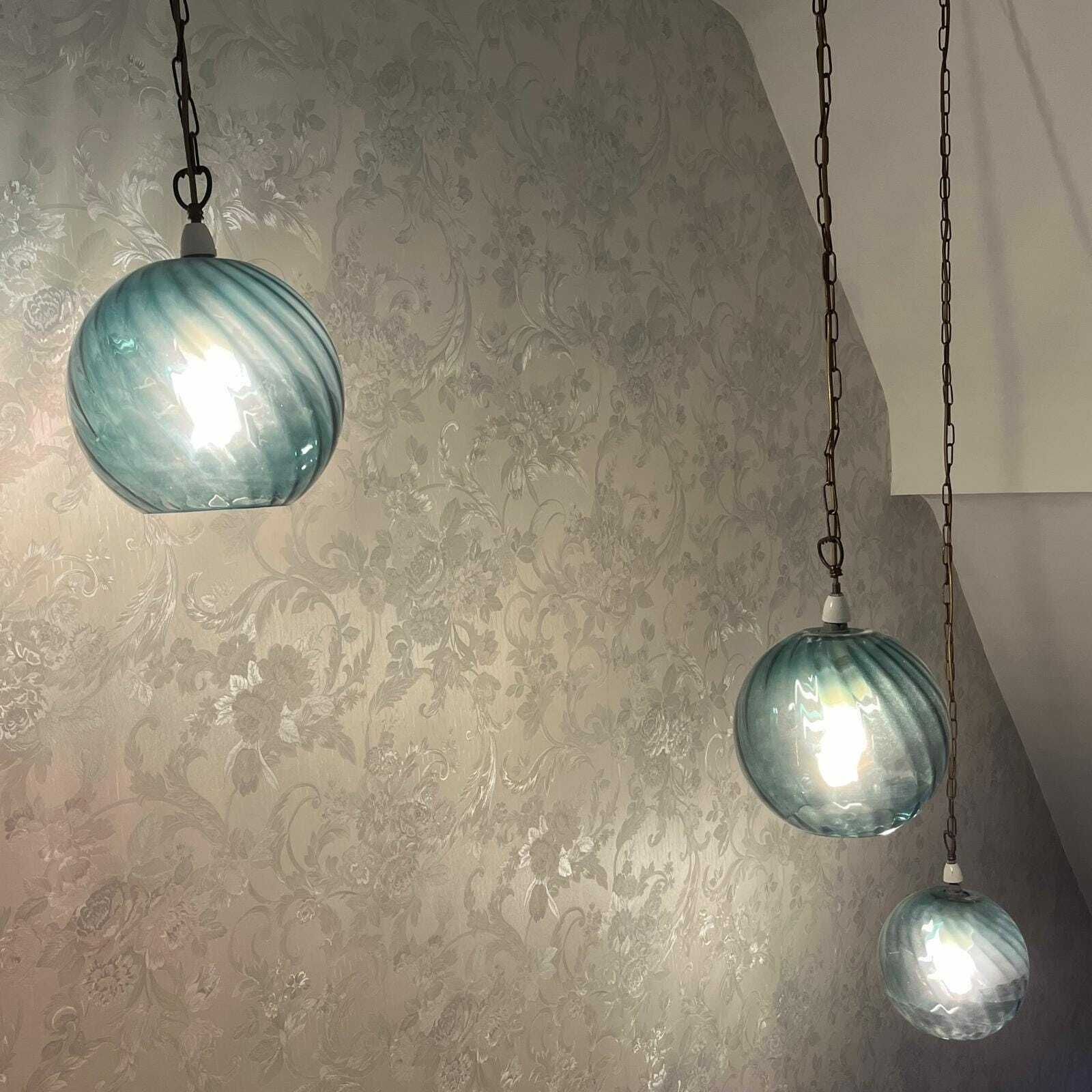 A Set Of 3 Mid Century Petrol Blue Round Ridged Glass Pendant Lampshades photo furniture