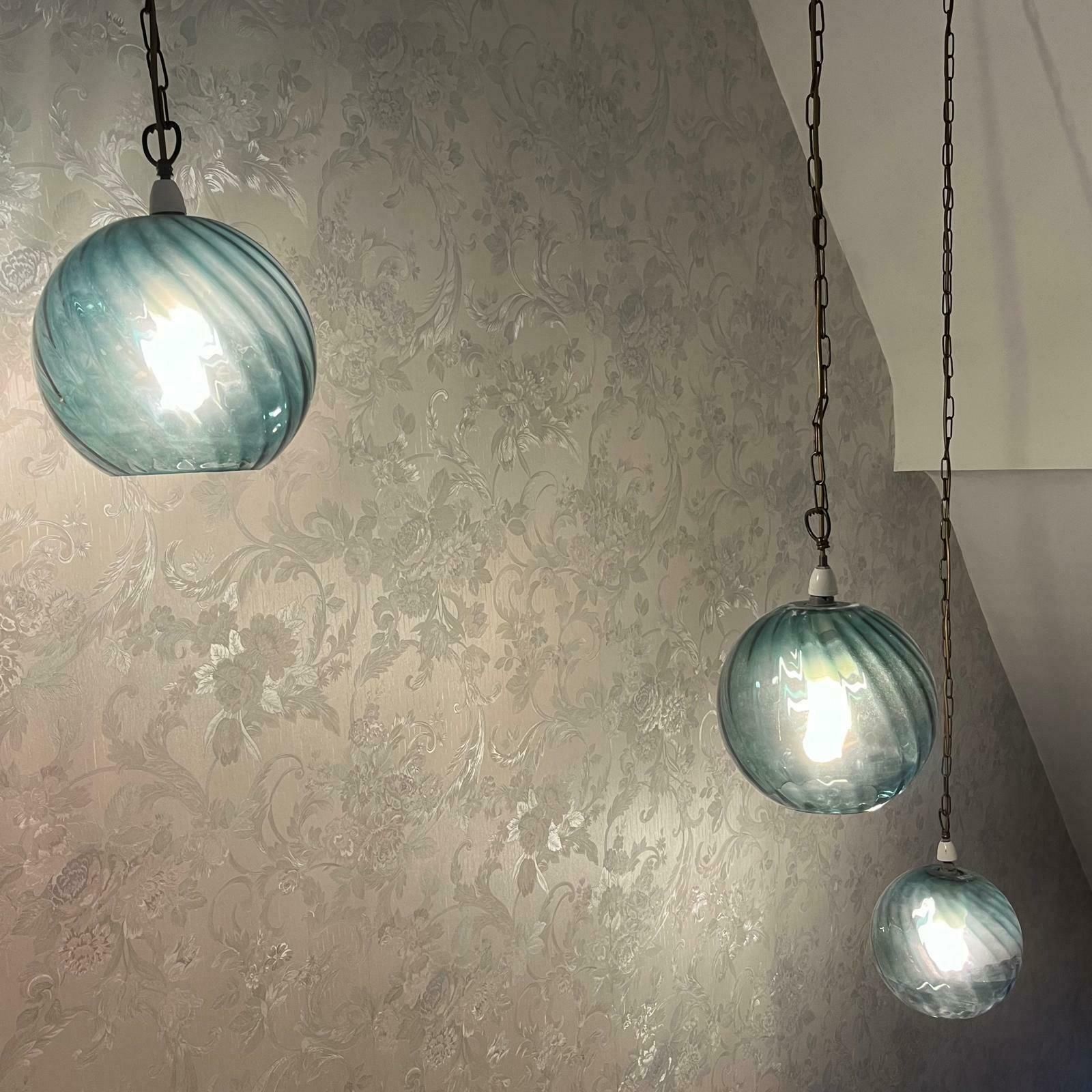 A Set Of 3 Mid Century Petrol Blue Round Ridged Glass Pendant Lampshades photo vinterior