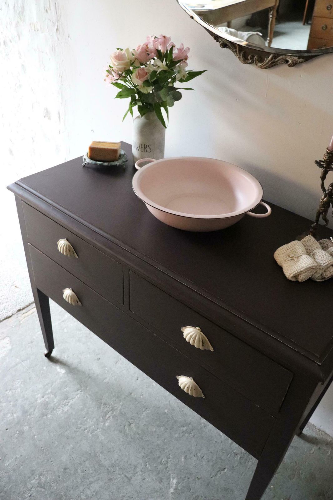 Painted Victorian Washstand Or Cabinet With Drawers On Castors In Deep Mulberry photo 850.0