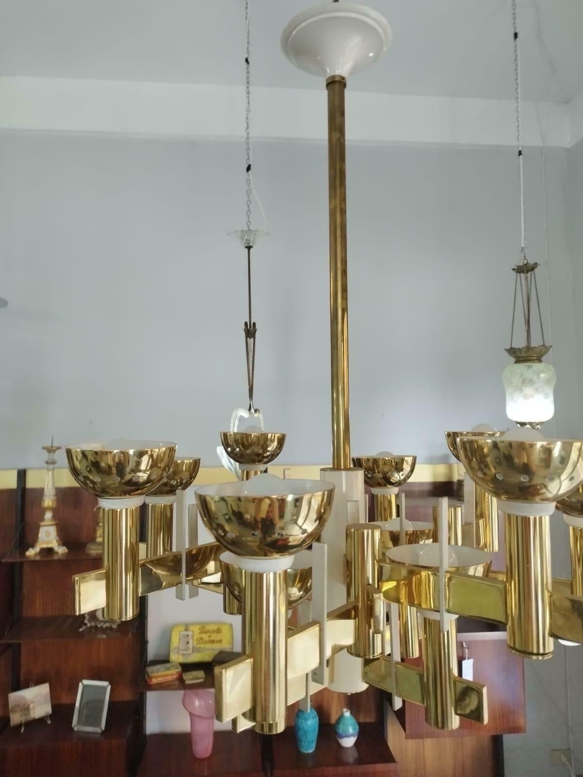 photo for sale 1960s Mid Century Modern Brass And White Painted Metal Chandelier