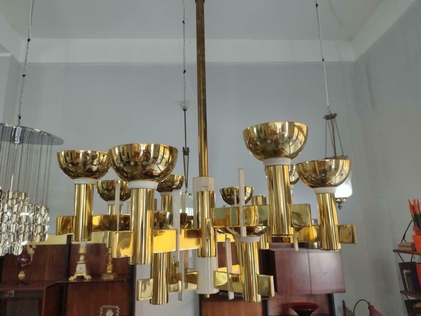 Lighting 1960s Mid Century Modern Brass And White Painted Metal Chandelier photo