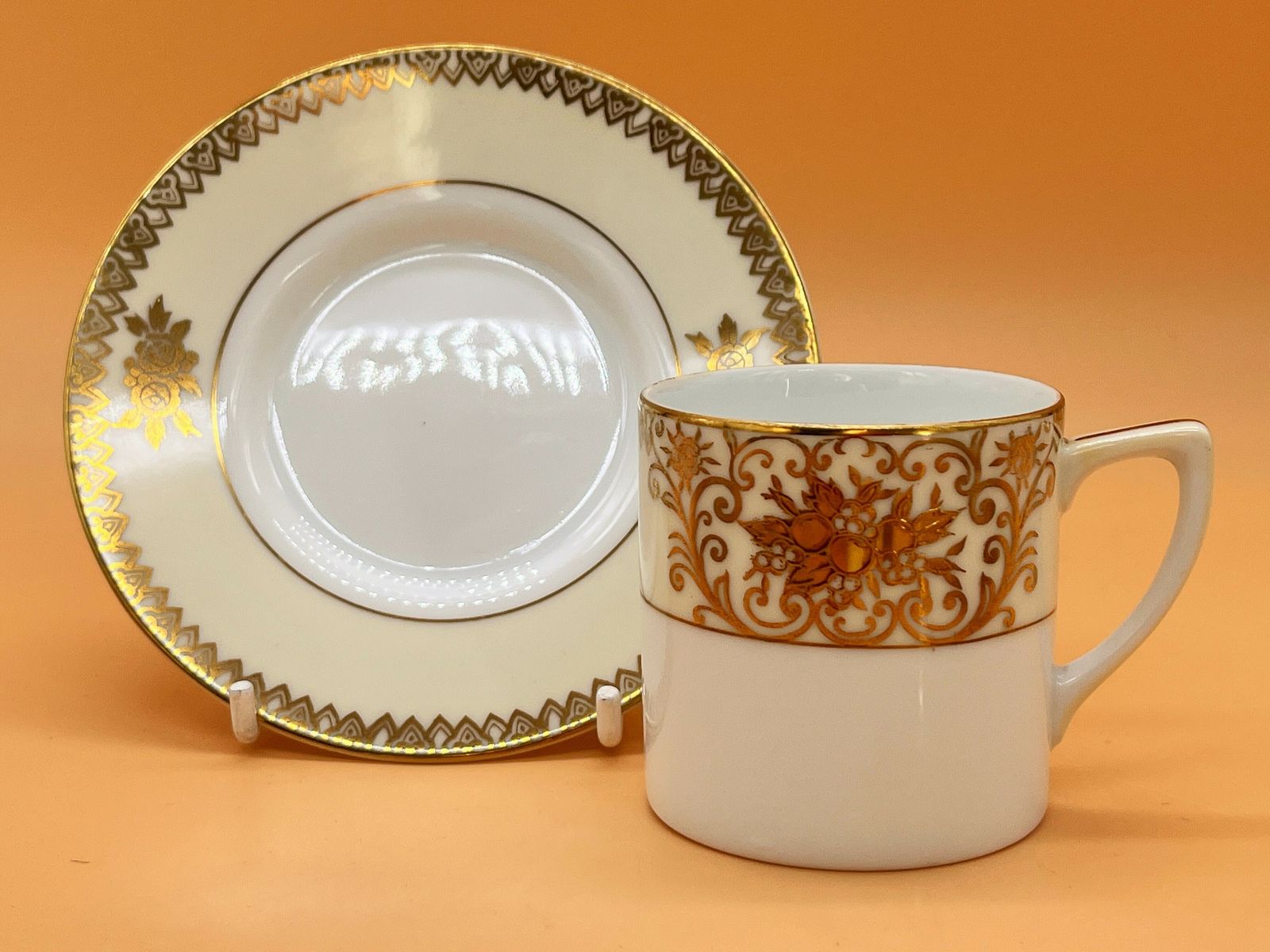 photo for sale Antique Noritake Porcelain Beige And Gold Mosq Design 11 Piece Coffee Set.