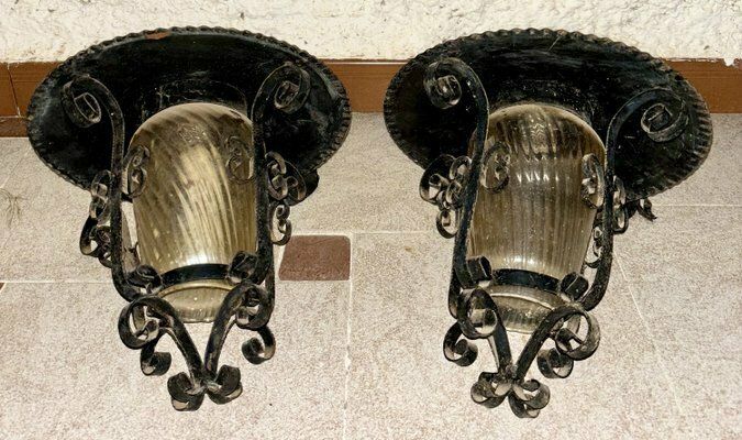 French Iron And Tole Glass Paneled Lantern, 1970s, Set Of 2 photo 1671.0