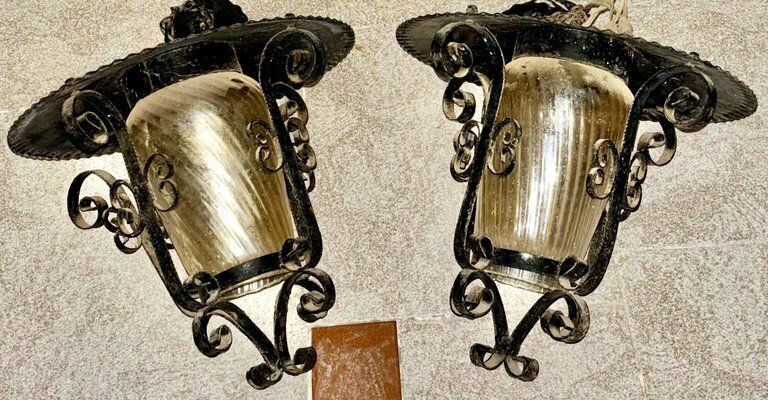 French Iron And Tole Glass Paneled Lantern, 1970s, Set Of 2 photo vinterior