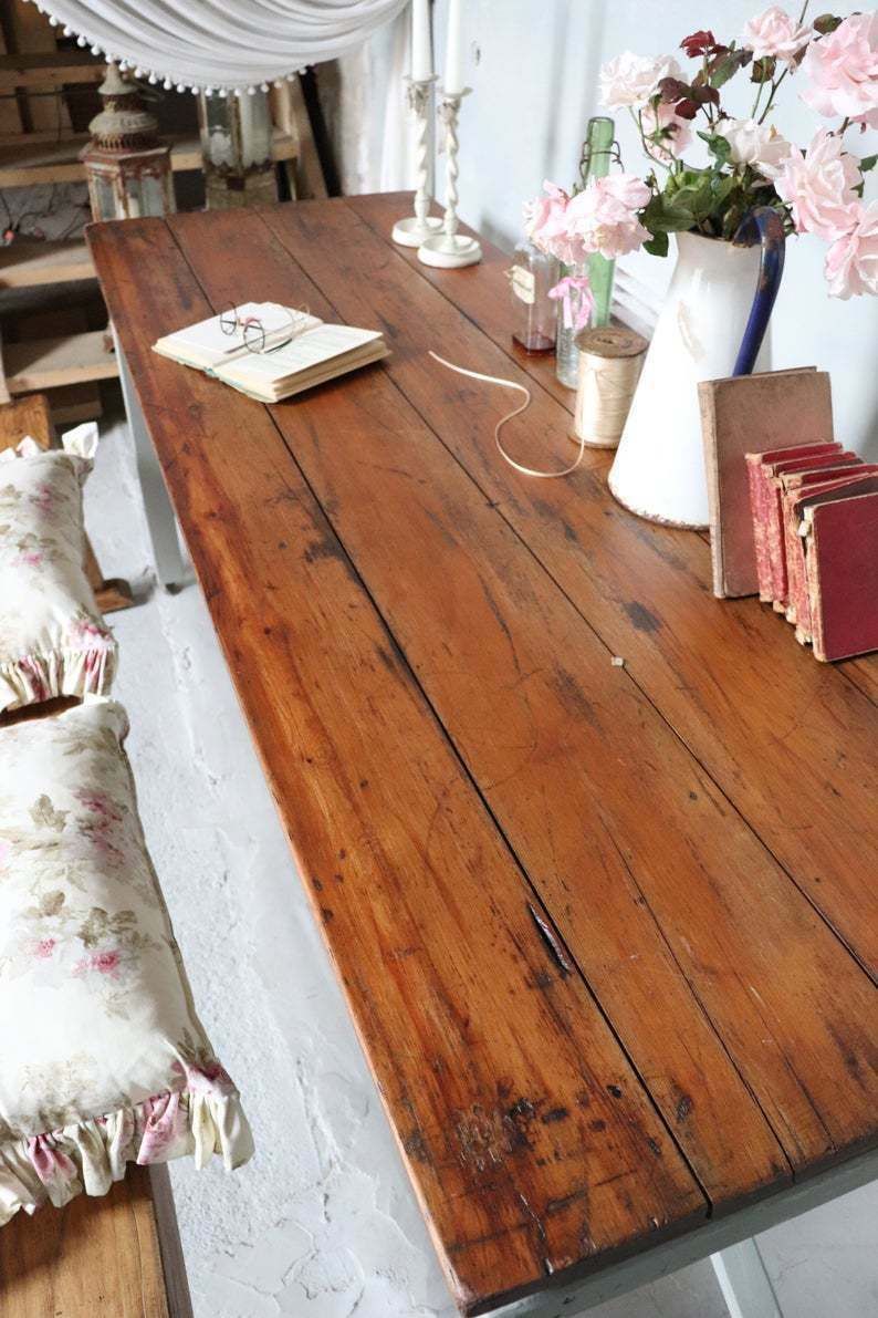 Vintage Pine Trestle Table, Aged Plank Top And French Grey Painted Folding Legs photo Furniture