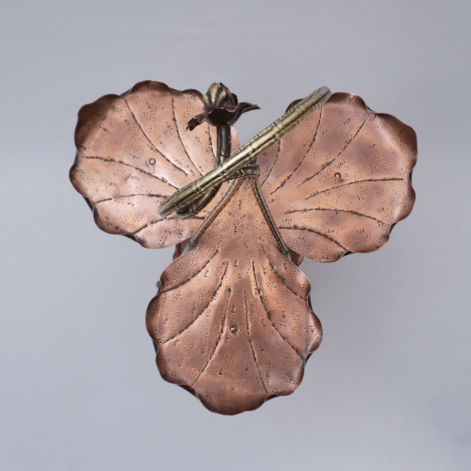 Antique Aesthetic Movement Cake Stand/Display Side Table By Townshend Of Birmingham, Copper Acanthus Leaf Pattern & Brass Bamboo, 1880's Ca, English photo vintage