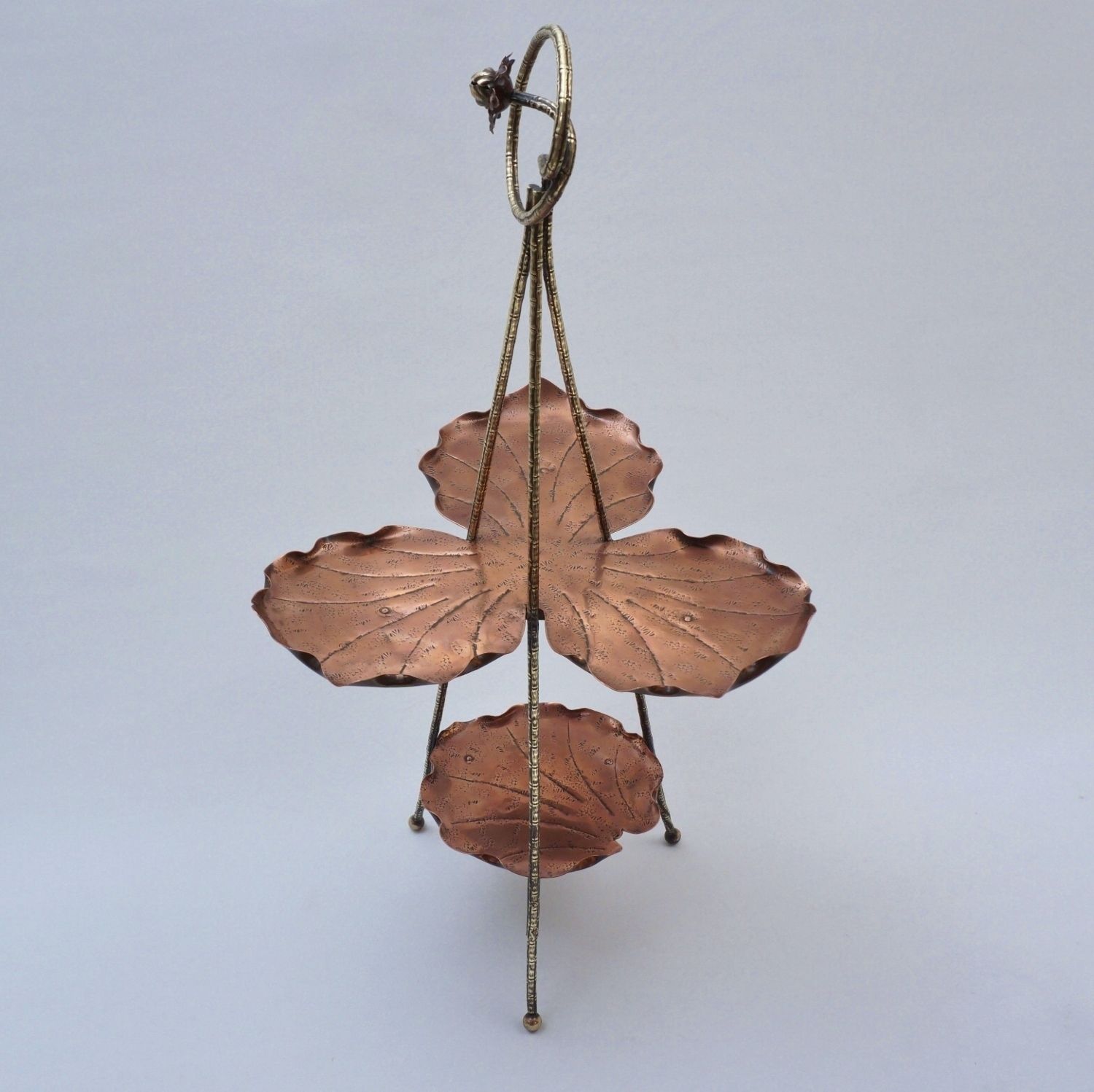 photo furniture Antique Aesthetic Movement Cake Stand/Display Side Table By Townshend Of Birmingham, Copper Acanthus Leaf Pattern & Brass Bamboo, 1880's Ca, English