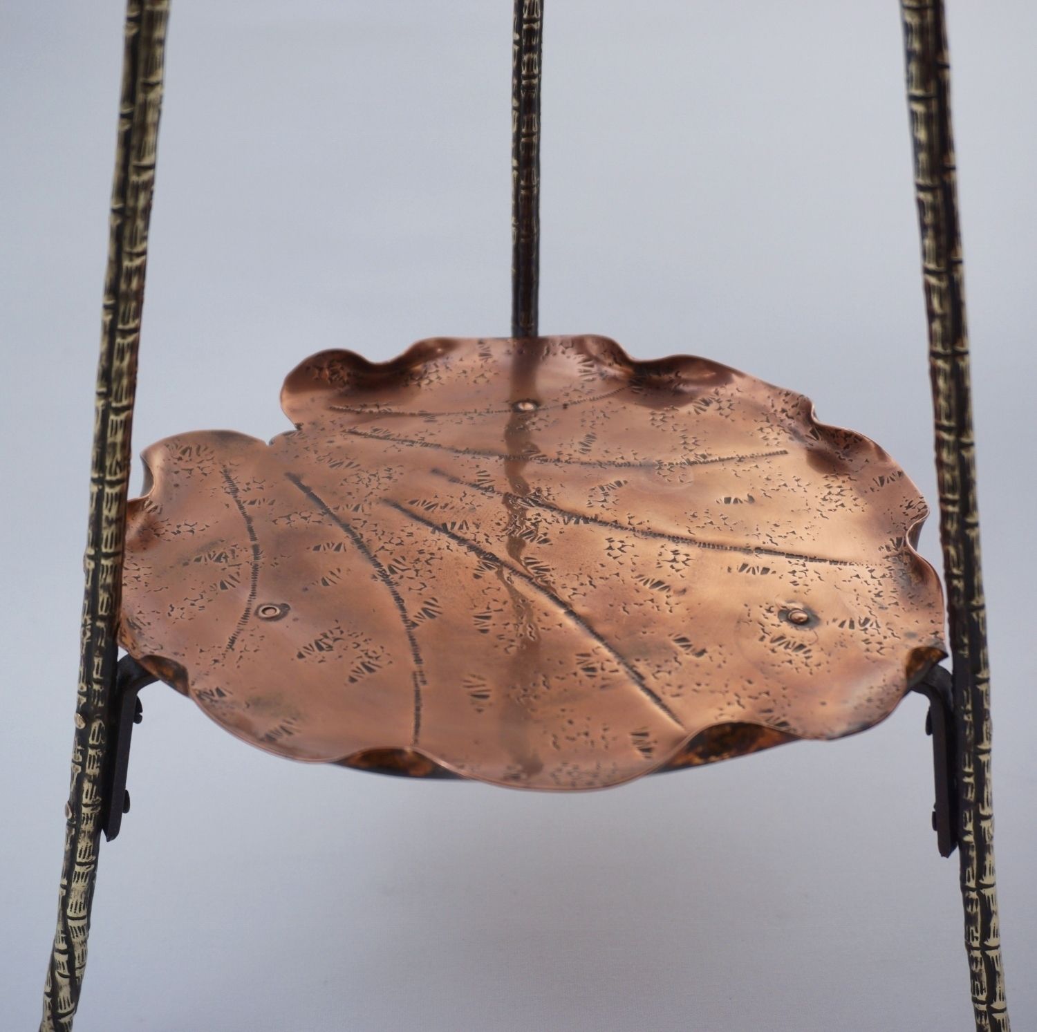 photo for sale Antique Aesthetic Movement Cake Stand/Display Side Table By Townshend Of Birmingham, Copper Acanthus Leaf Pattern & Brass Bamboo, 1880's Ca, English