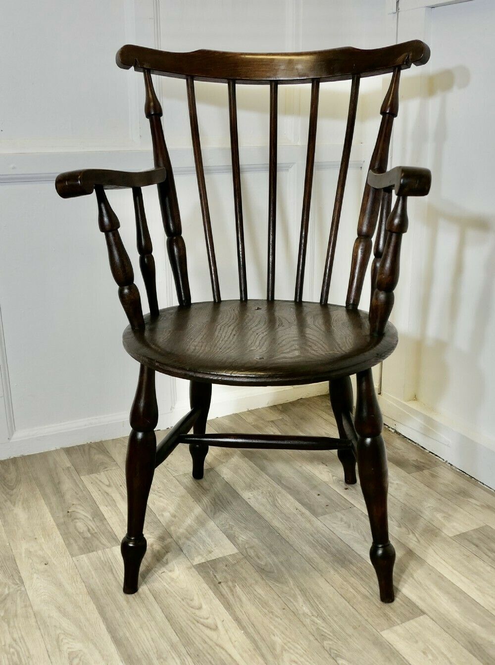 19th Century Windsor Country Penny Seat Carver Chair photo furniture
