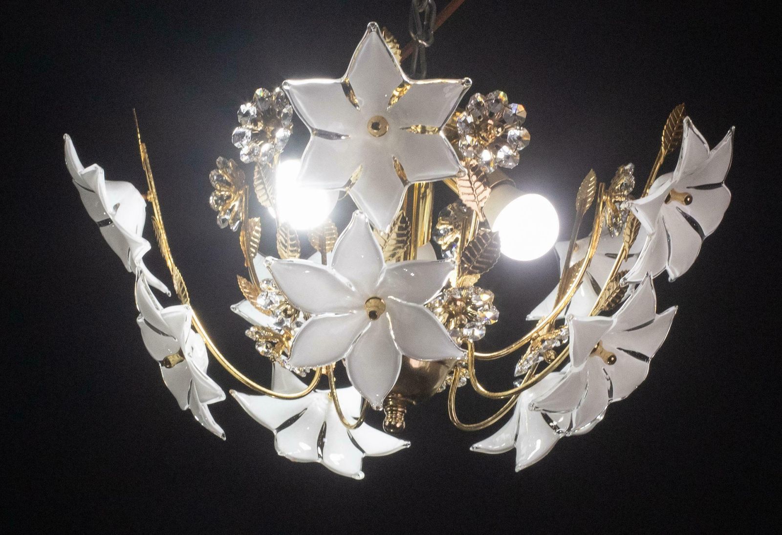Charming Murano And Crystal Glass Vintage Ceiling Light White Flowers, 1970s photo furniture