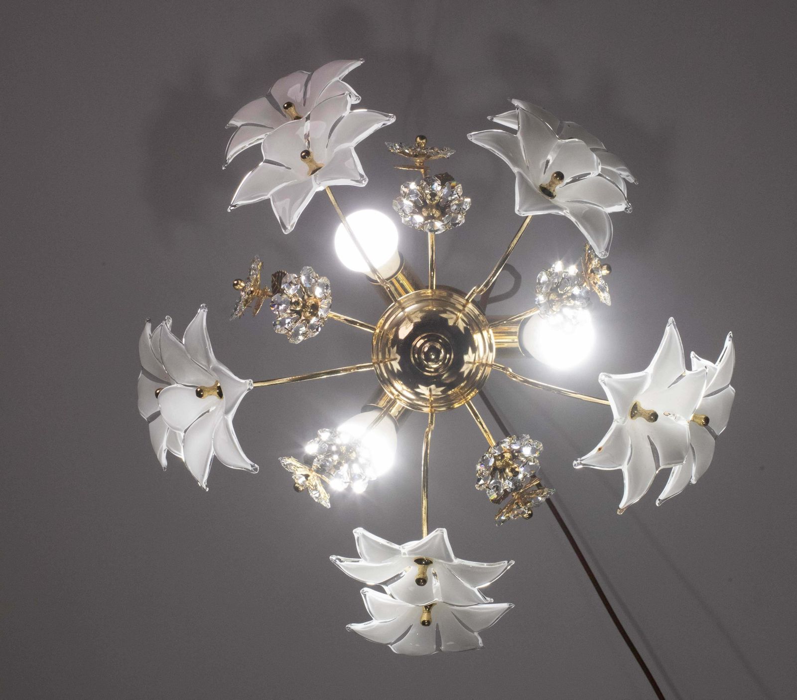 Charming Murano And Crystal Glass Vintage Ceiling Light White Flowers, 1970s photo 1018.0
