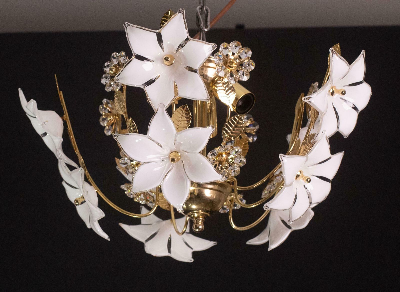Charming Murano And Crystal Glass Vintage Ceiling Light White Flowers, 1970s photo vintage