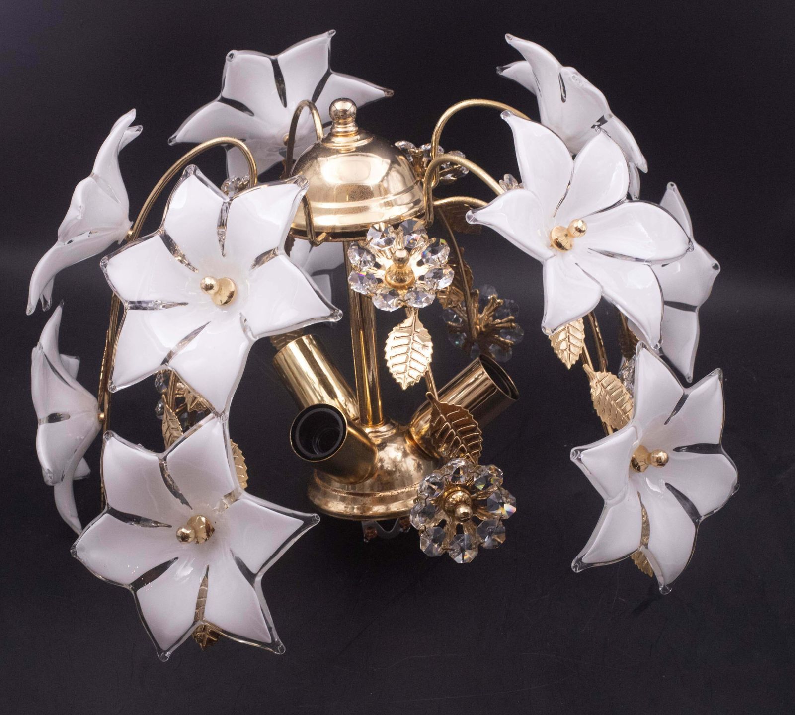 1018.0 Charming Murano And Crystal Glass Vintage Ceiling Light White Flowers, 1970s photo