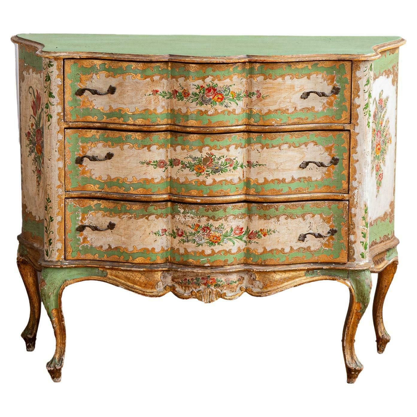 Serpentine Commode, 18th Century Style Italian Floral Painted And Gilt
