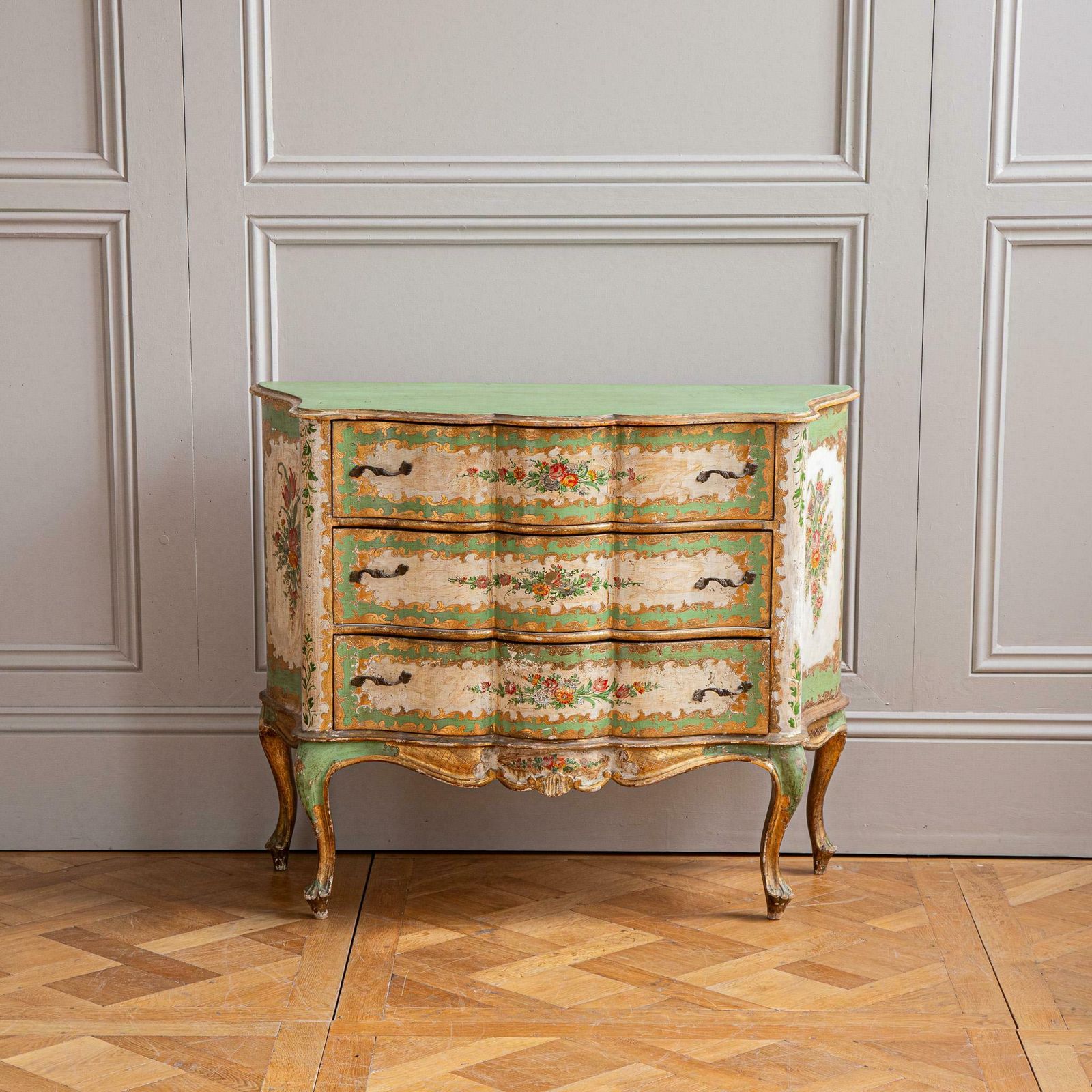 Serpentine Commode, 18th Century Style Italian Floral Painted And Gilt photo furniture
