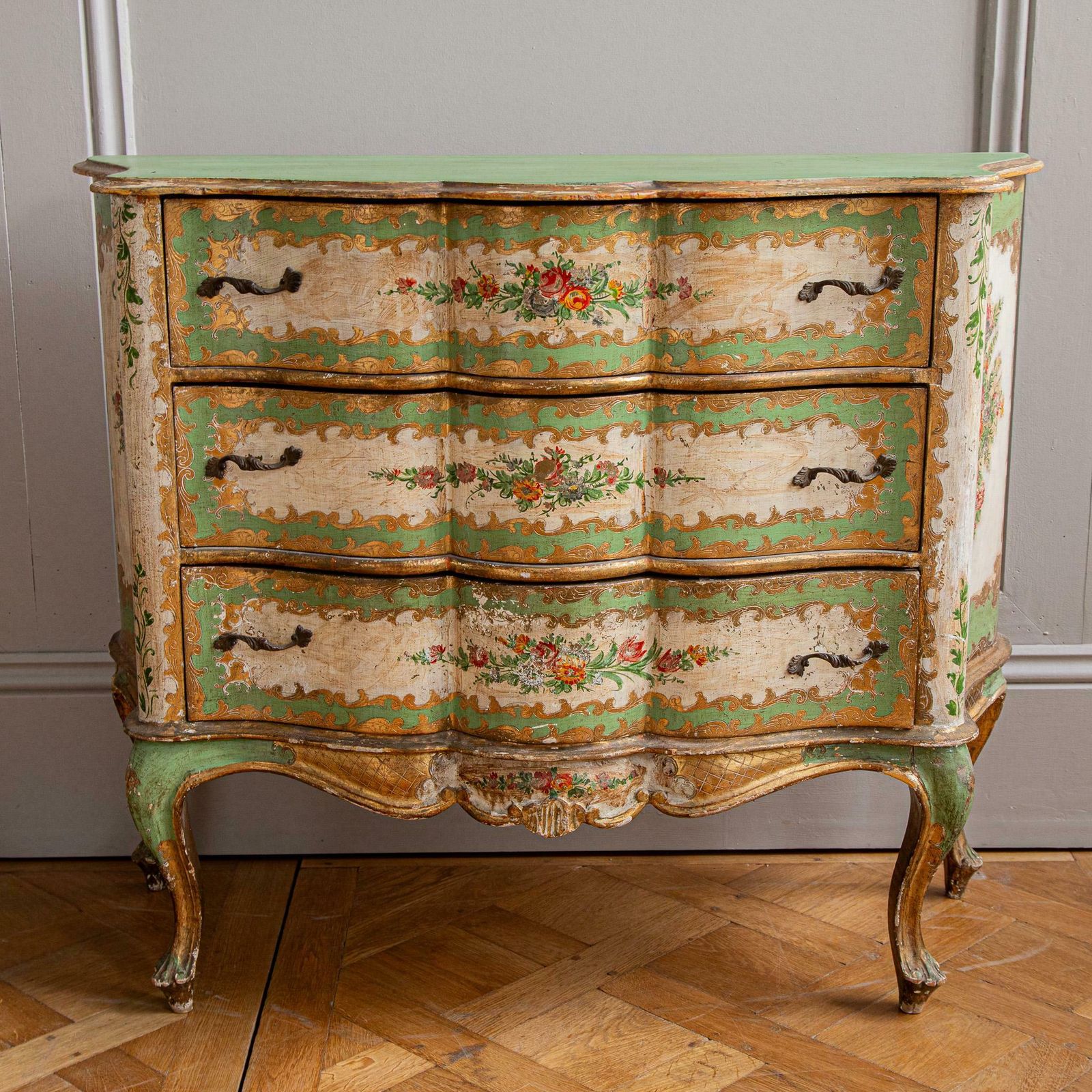 Serpentine Commode, 18th Century Style Italian Floral Painted And Gilt photo Furniture
