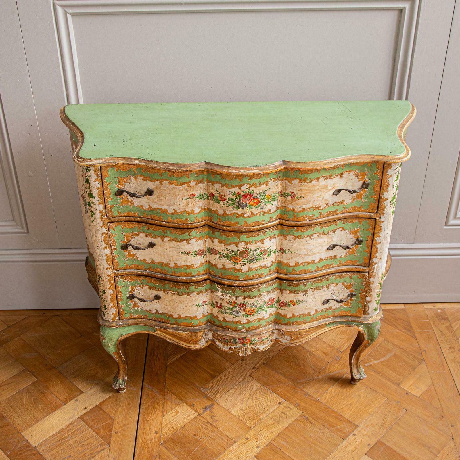 Serpentine Commode, 18th Century Style Italian Floral Painted And Gilt photo 2499.0