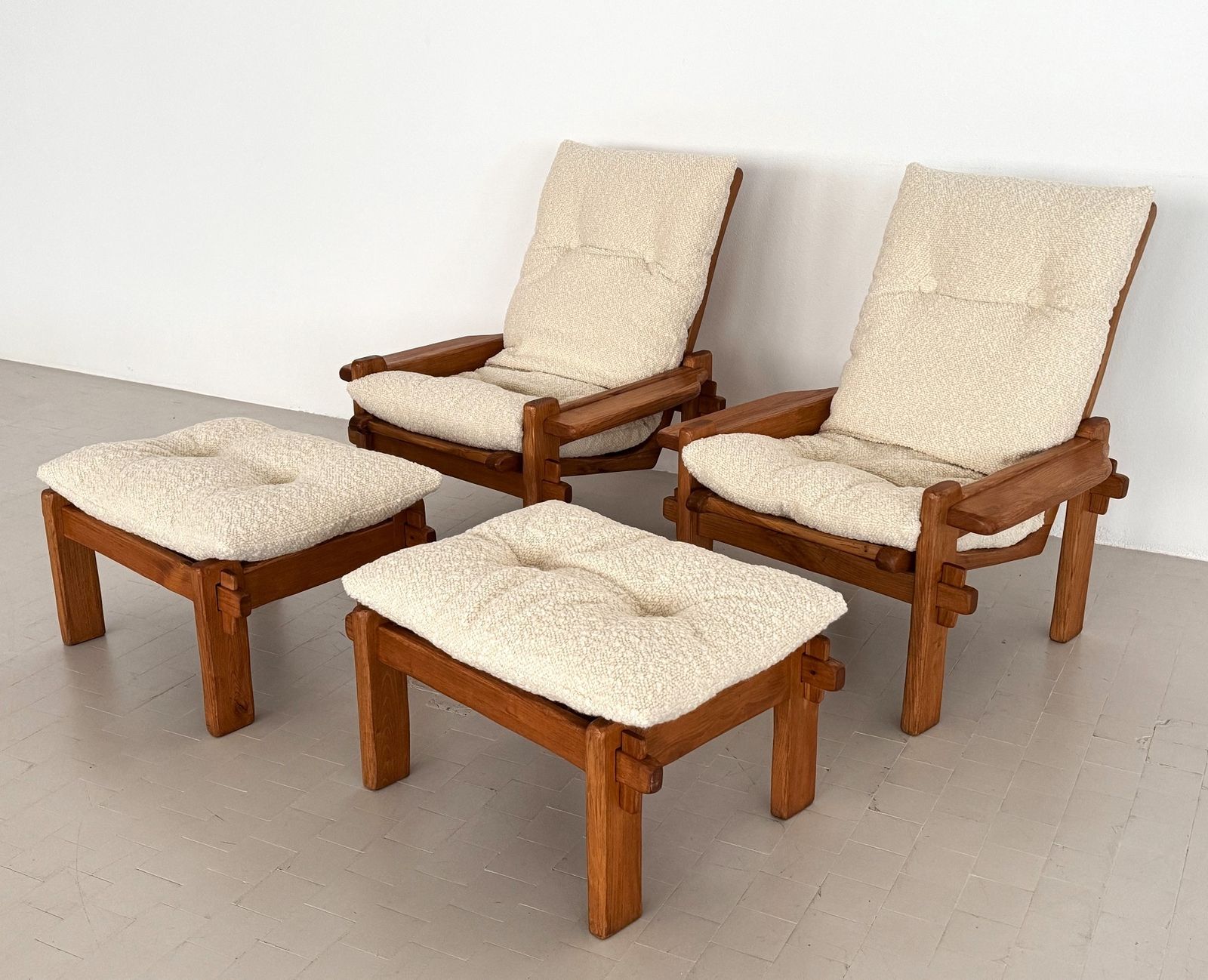 photo for sale Italian Country Living Room Set In Solid Oak With New Bouclé Upholstery, 1970s, Set Of 5 Pcs.