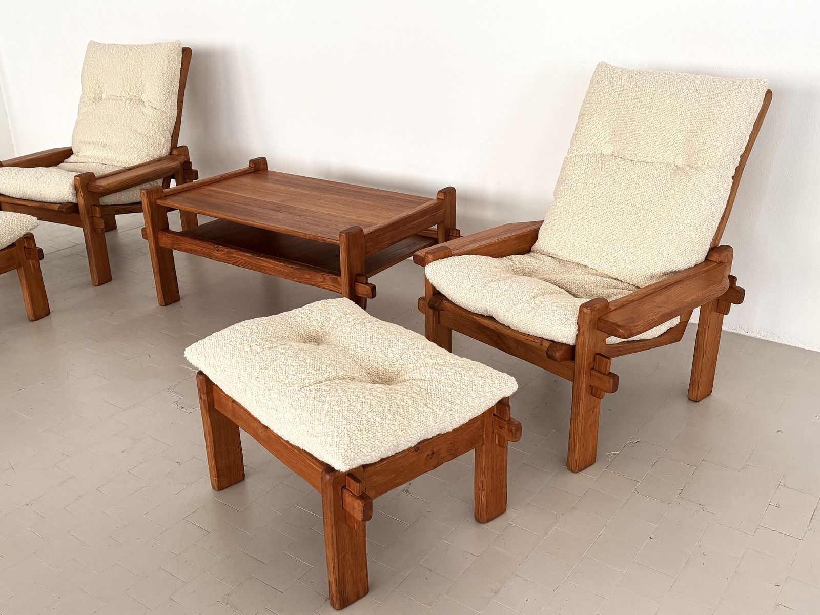 Furniture Italian Country Living Room Set In Solid Oak With New Bouclé Upholstery, 1970s, Set Of 5 Pcs. photo